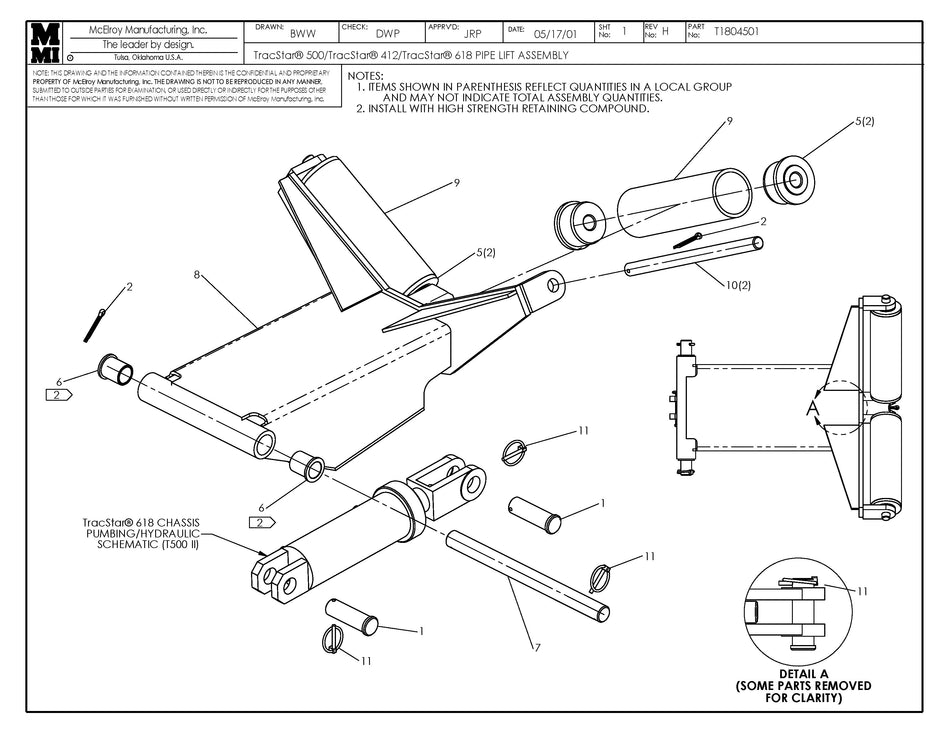 T1804501 - T500/T412/T618 Pipe Lift Assembly