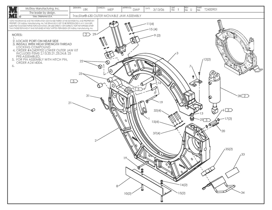 McElroy Part T2400901 - T630 OUTER MOV JAW ASSY for sale