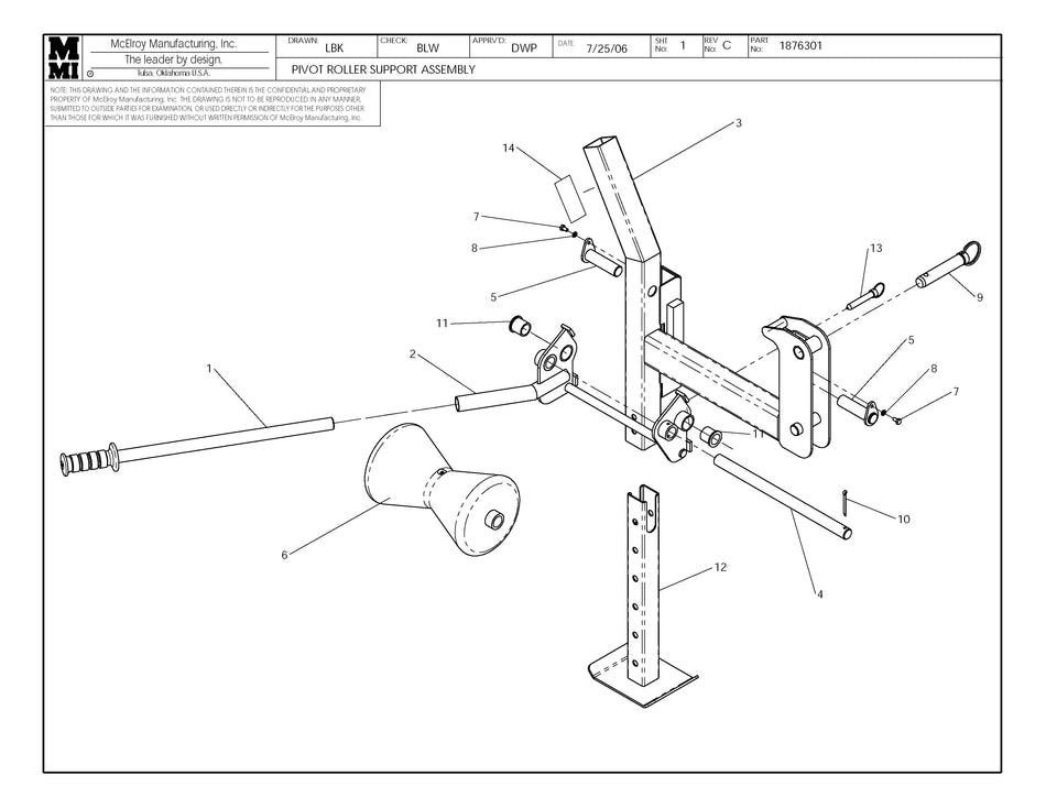 McElroy Part 1876301 - PIVOT ROLLER SUPPORT ASSY for sale