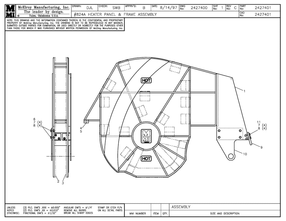 McElroy Part 2427401 - 24 HTR PANEL&FRAME ASSY for sale