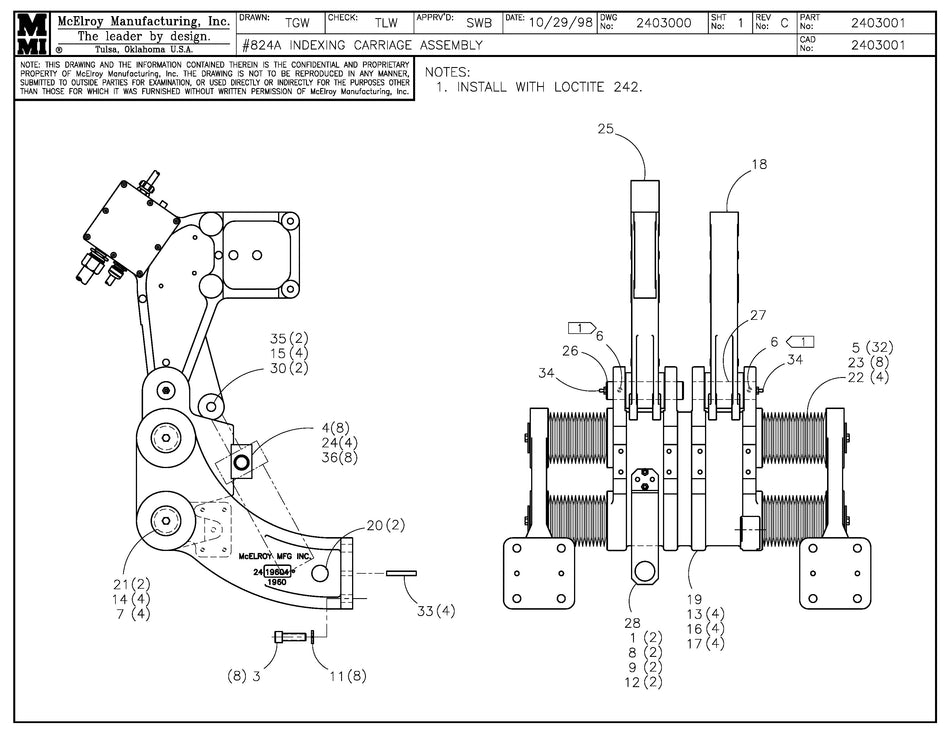 McElroy Part 2403001 - 24 INDEXING CARRIAGE ASSY for sale