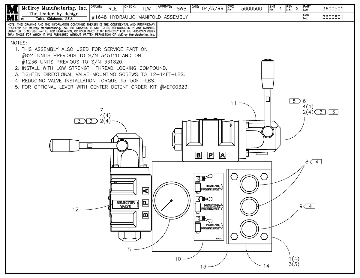 McElroy Part 3600501 - 48 HYDRAULIC MANIFOLD ASSY for sale