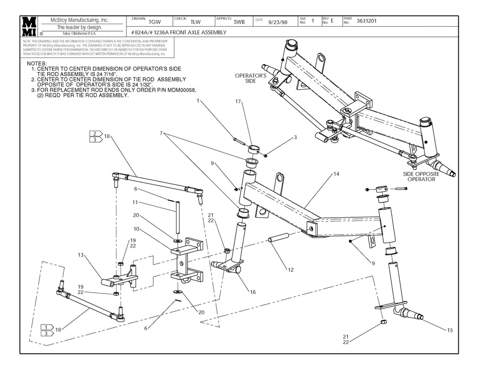 McElroy Part 3631201 - 24/36 FRONT AXLE ASSY for sale