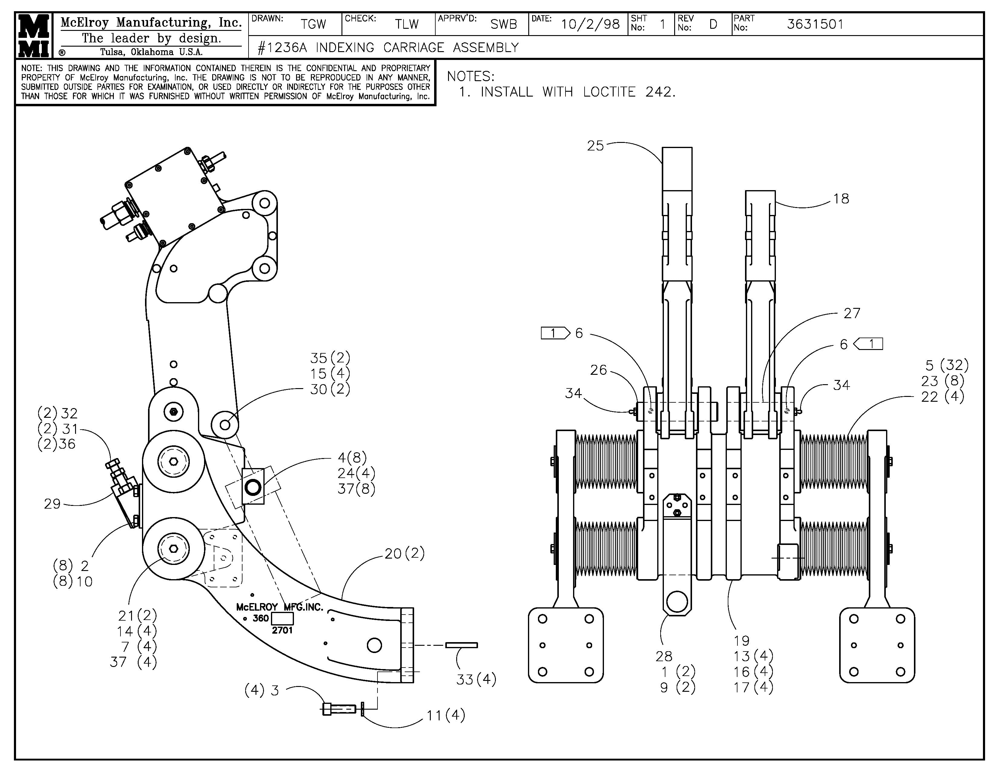 McElroy Part 3631501 - 36 INDEXING CARRIAGE ASSY for sale
