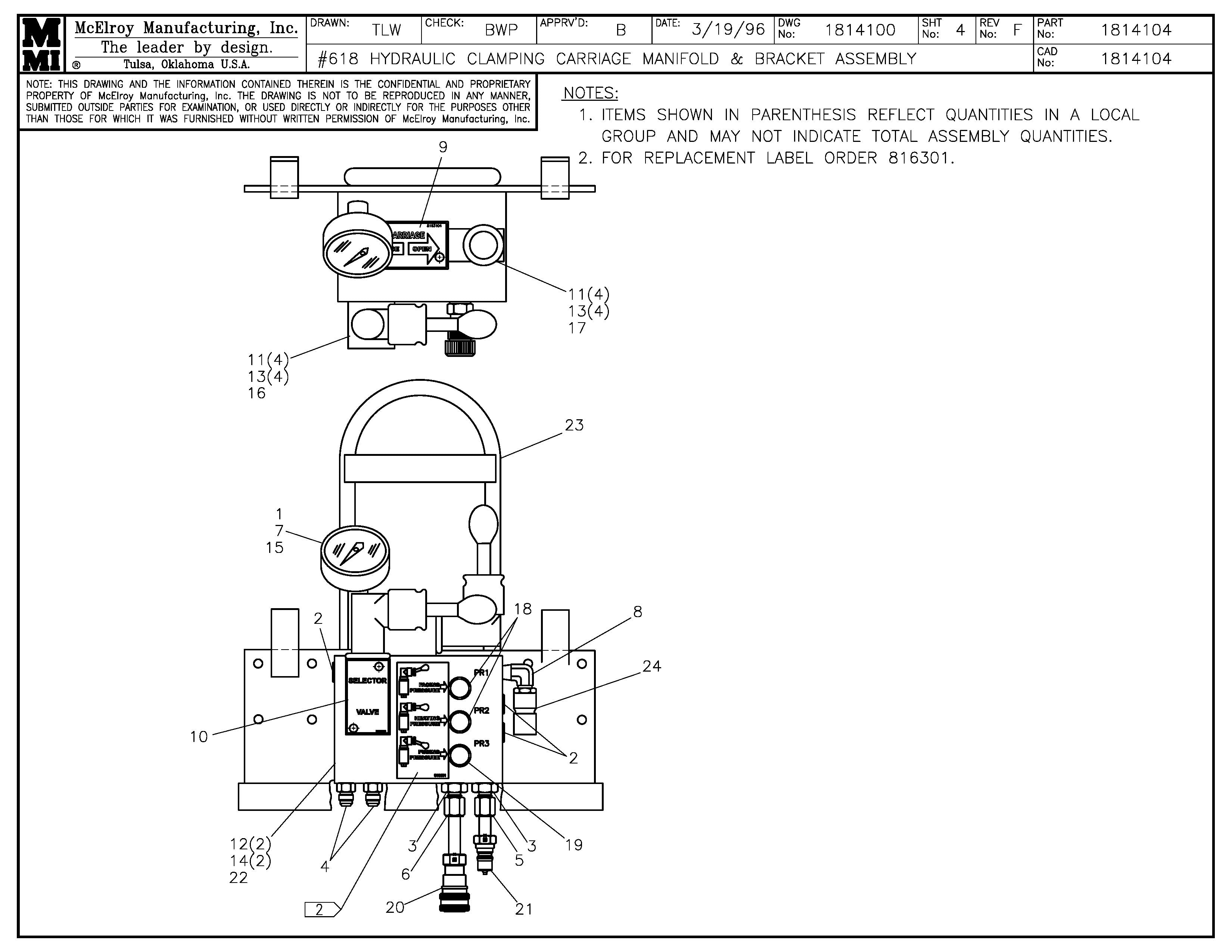 McElroy Part 1814104 - 18 H/C CARRIAGE MFLD&BKT ASSY for sale