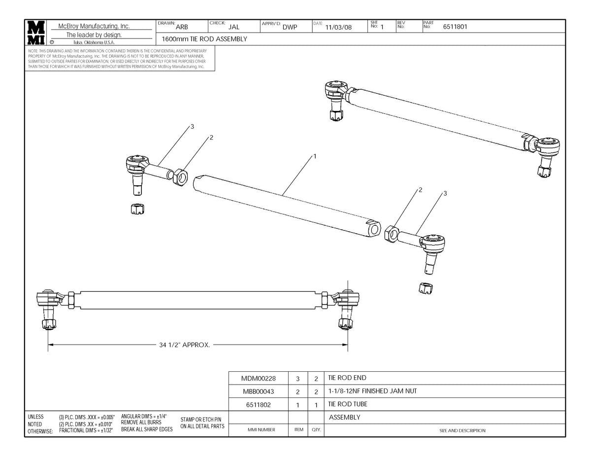 McElroy Part 6511801 - 1600 TIE ROD ASSY for sale