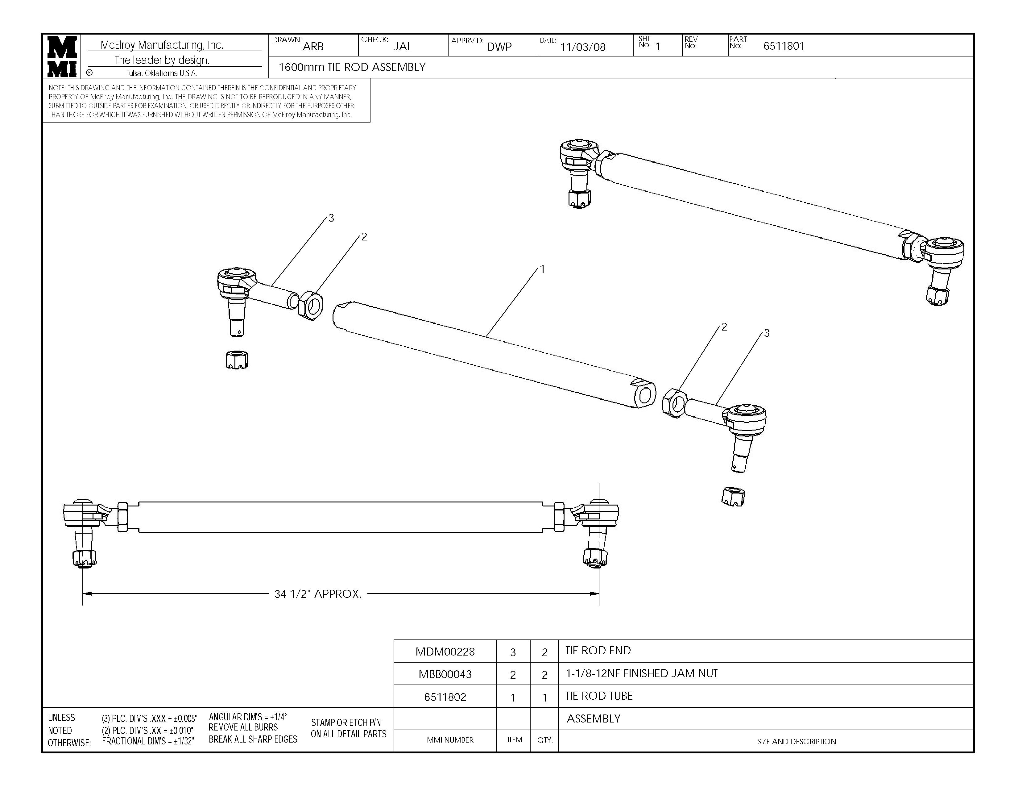 McElroy Part 6511801 - 1600 TIE ROD ASSY for sale