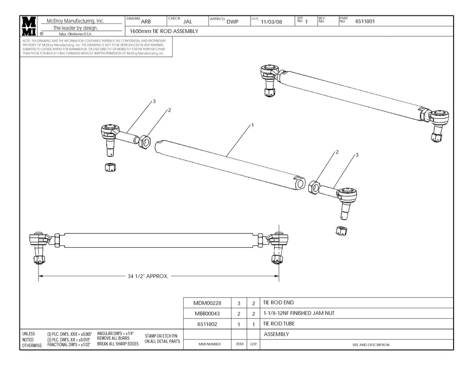 McElroy Part 6511801 - 1600 TIE ROD ASSY for sale