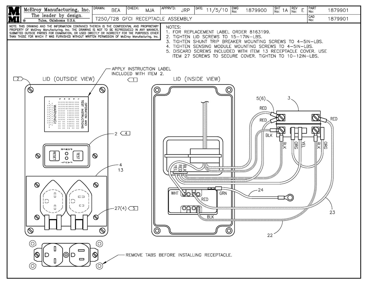 McElroy Part 1879901 - T250/T28 GFCI RECEPTACLE ASSY for sale