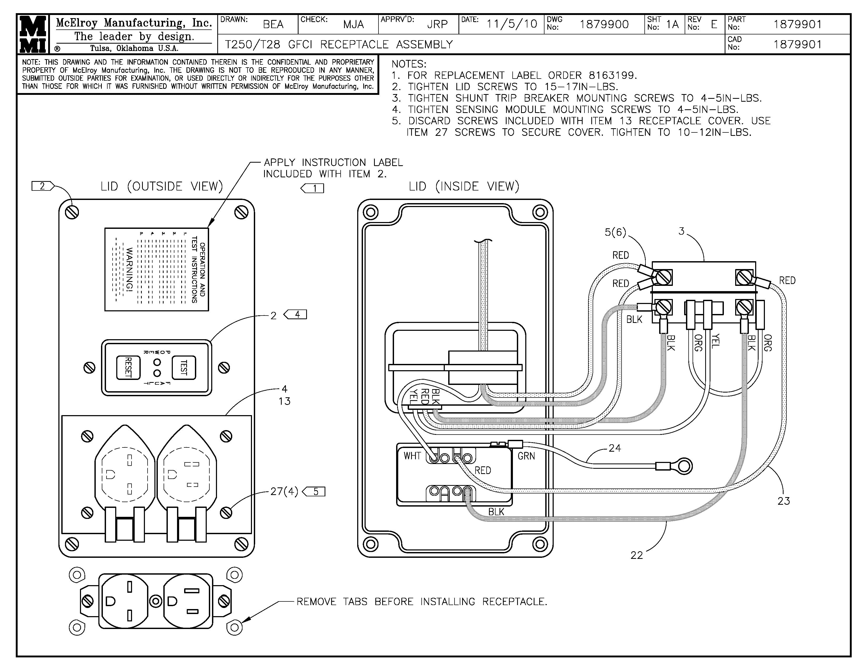 McElroy Part 1879901 - T250/T28 GFCI RECEPTACLE ASSY for sale