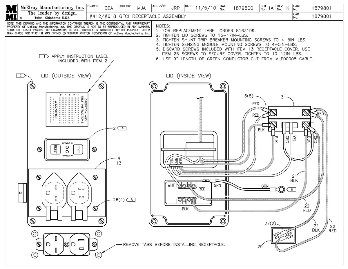 McElroy Part 1879801 - 412/618 GFCI RECEPTACLE ASSY for sale