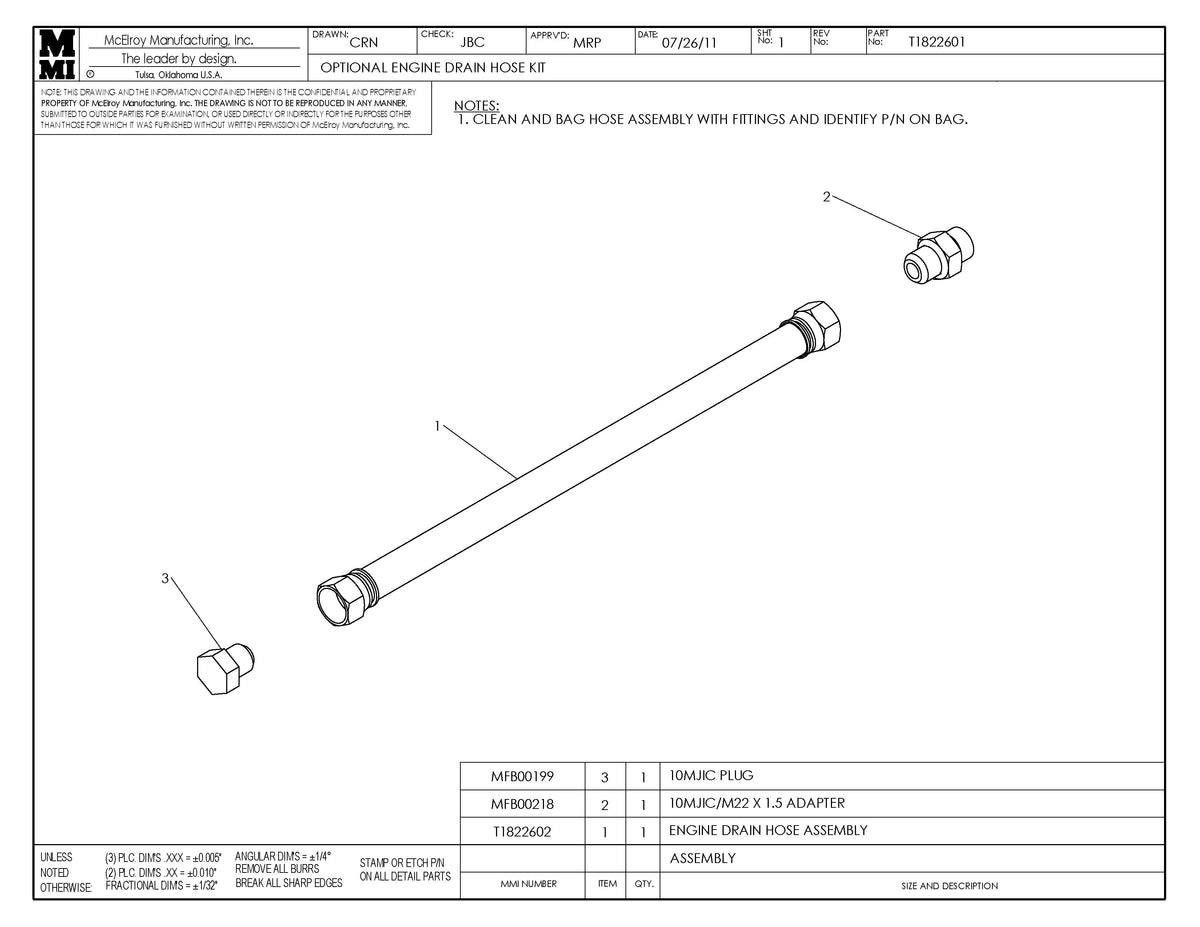 T1822601 - Optional Eng Drain Hose Kit