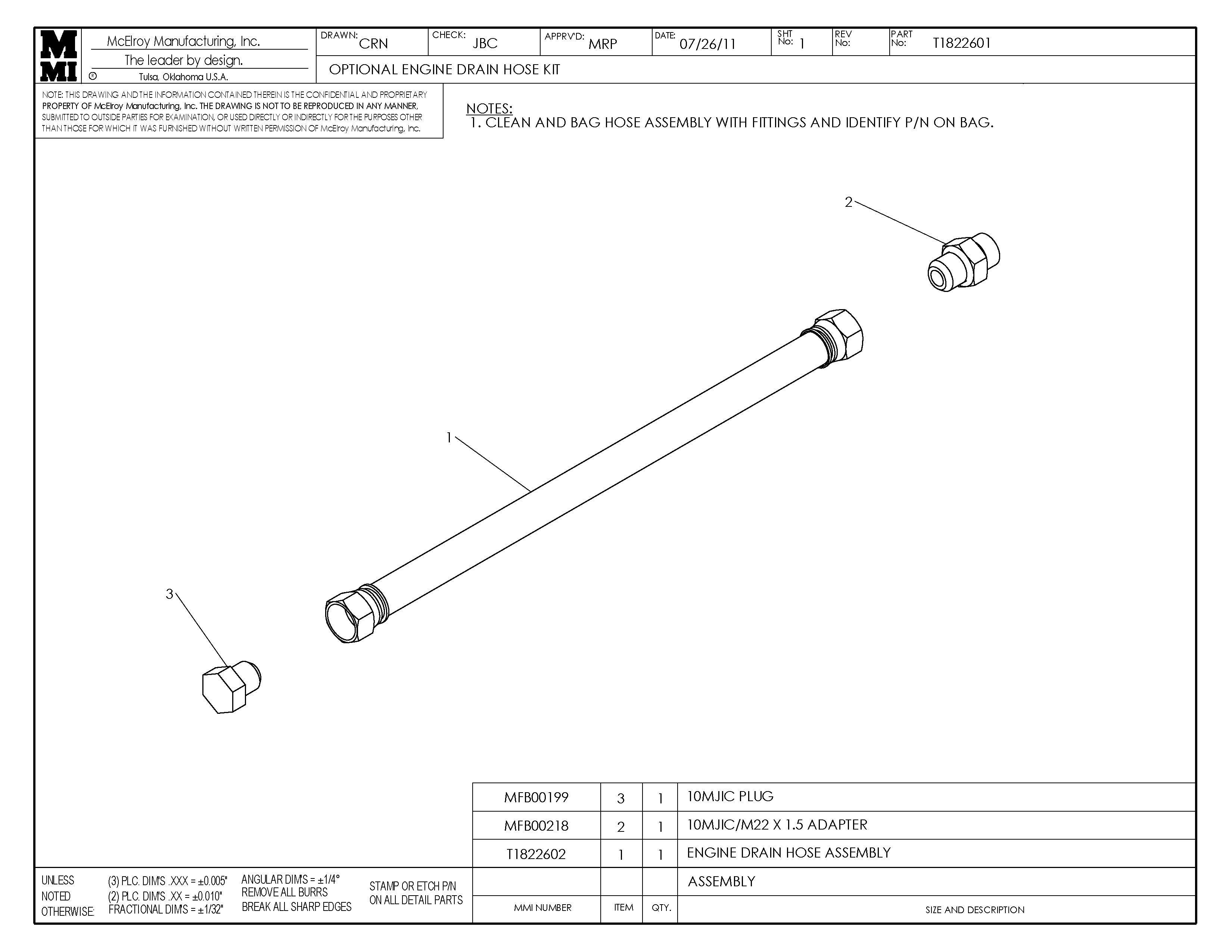 T1822601 - Optional Eng Drain Hose Kit