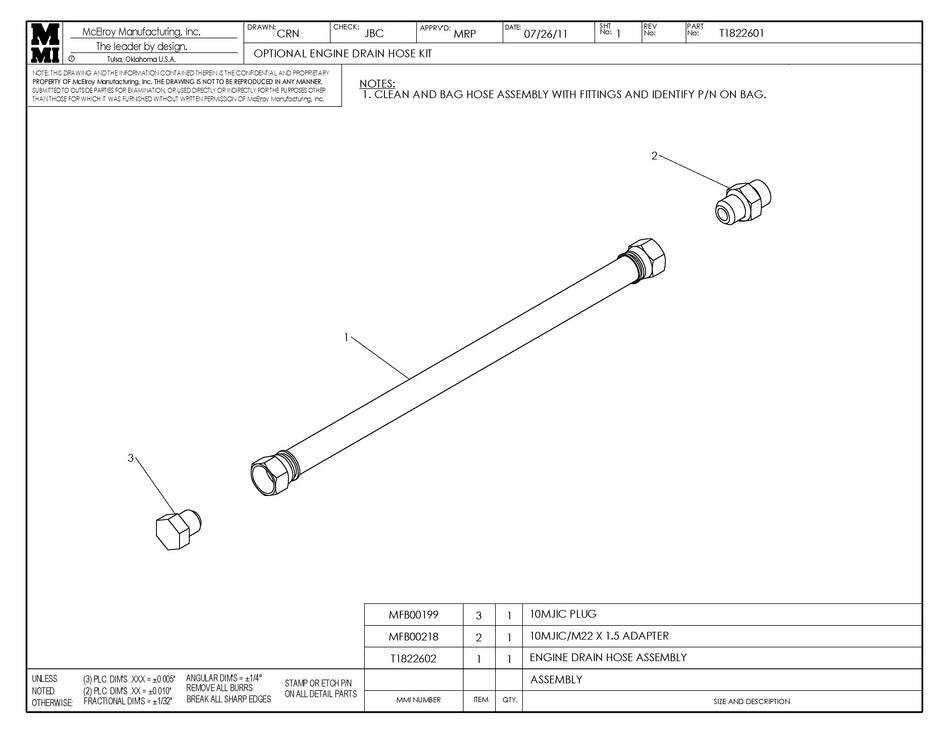 T1822601 - Optional Eng Drain Hose Kit
