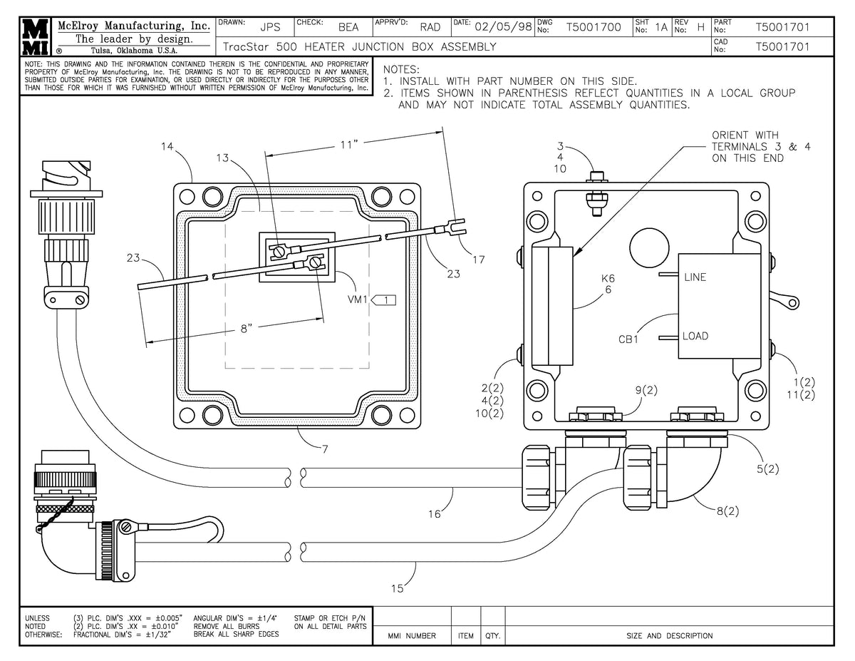 T5001701 - T500 Heater Junction Box Assembly
