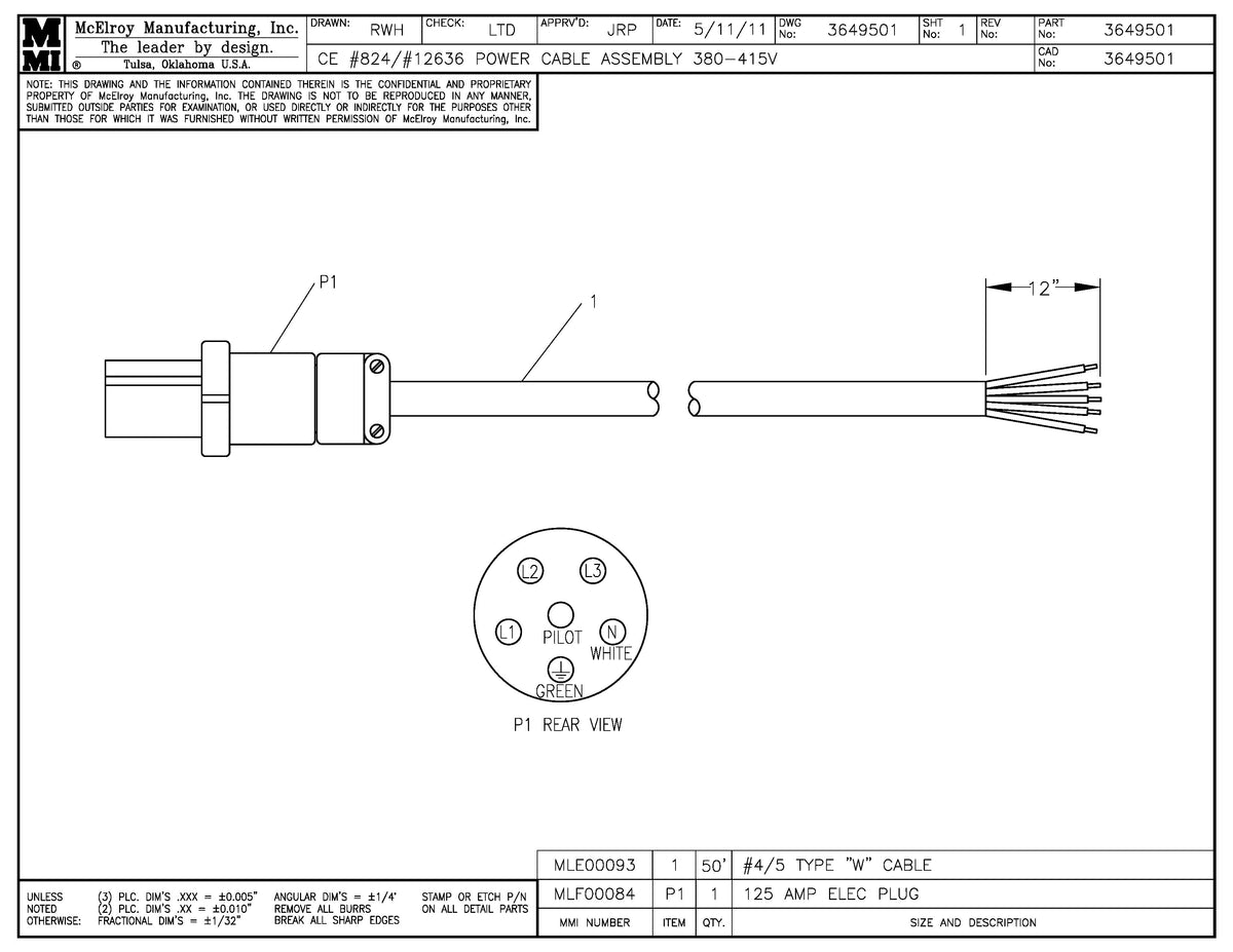 McElroy Part 3649501 - 380-415V POWER CABLE ASSY for sale