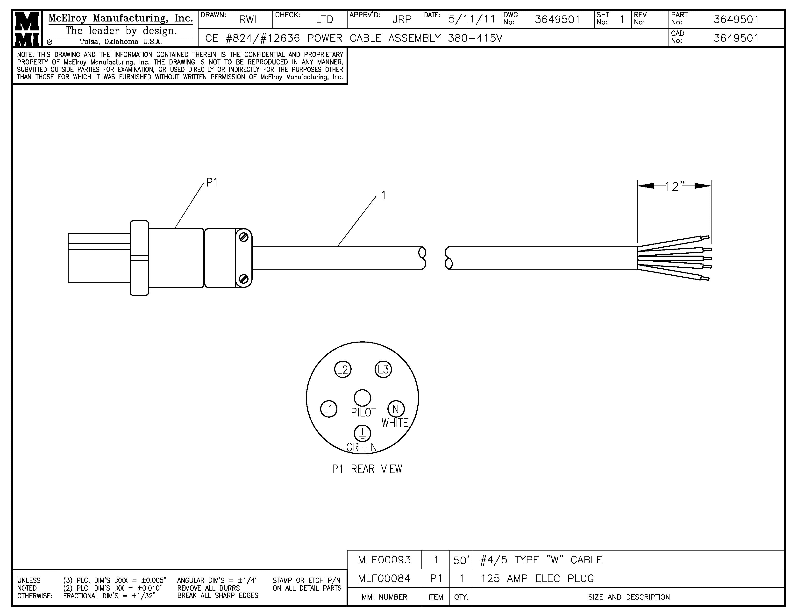 McElroy Part 3649501 - 380-415V POWER CABLE ASSY for sale