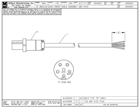 McElroy Part 3649501 - 380-415V POWER CABLE ASSY for sale