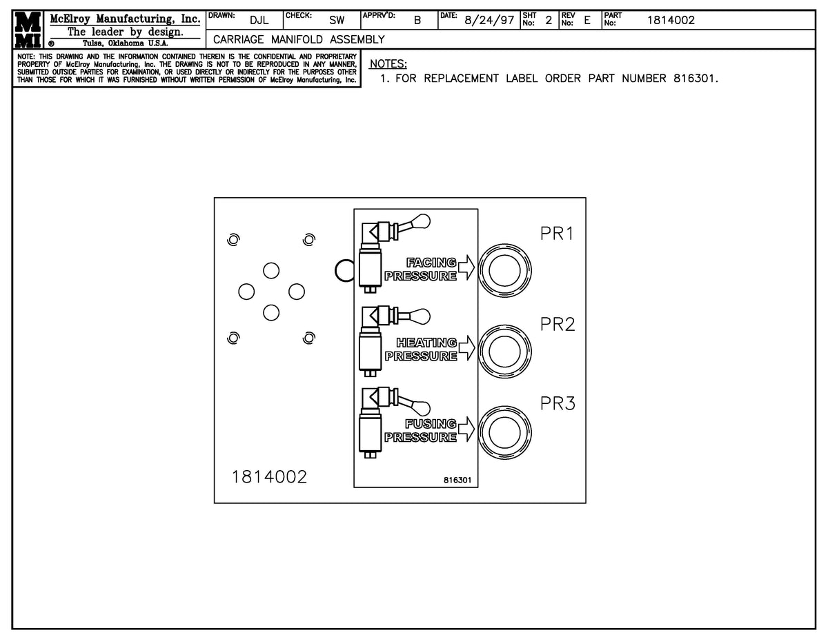 McElroy Part 1814002 - CARRIAGE MANIFOLD ASSY for sale