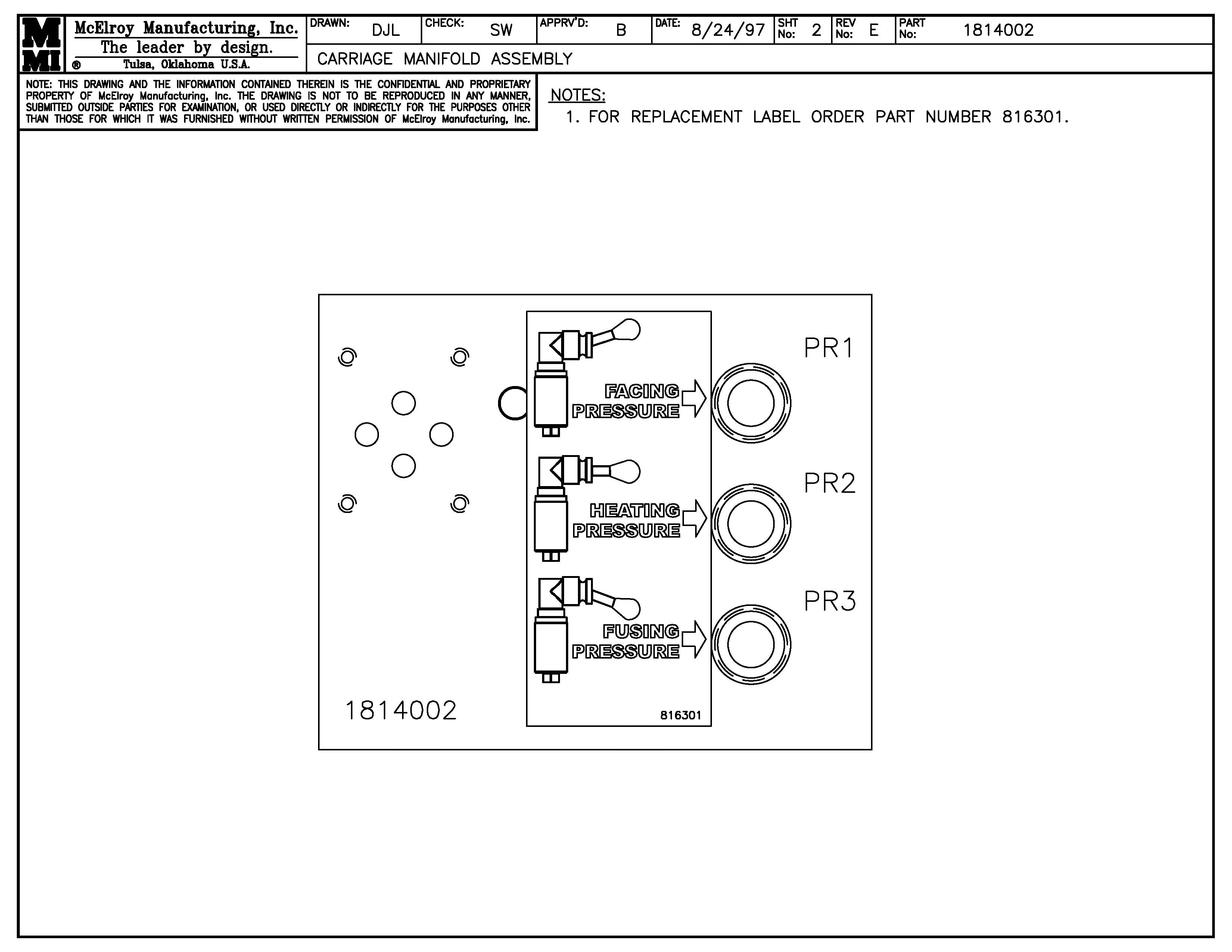 McElroy Part 1814002 - CARRIAGE MANIFOLD ASSY for sale
