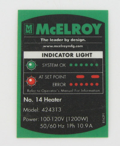 McElroy Part 816391 - MODEL 424313 PART NO LABEL for sale