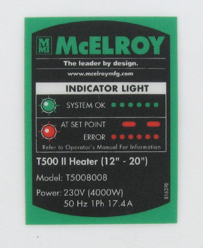 McElroy Part 816398 - MODEL T5008008 PART NO LABEL for sale