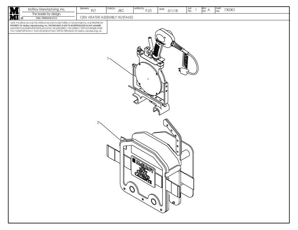 McElroy Part 730301 - 120V HTR ASSY W/ STAND for sale