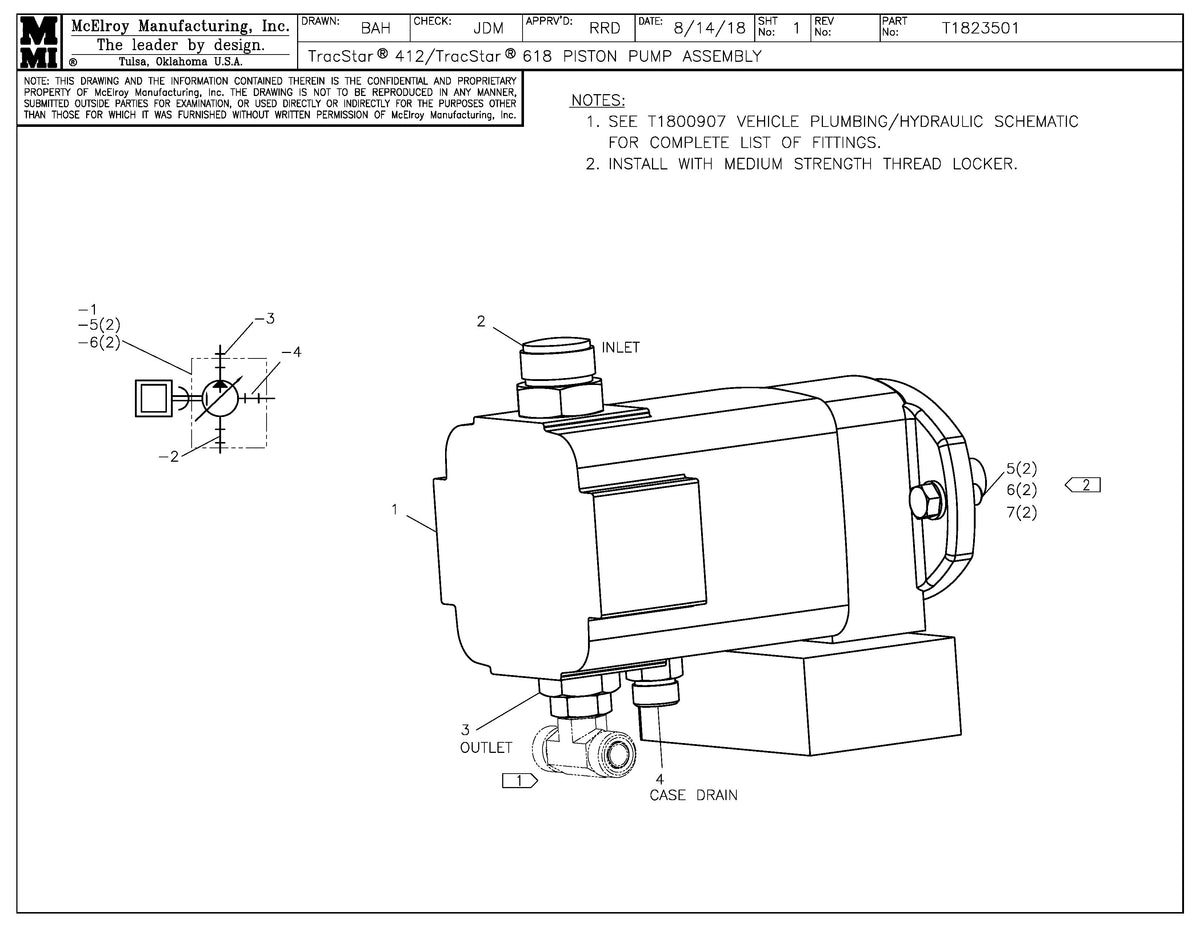 McElroy Part T1823501 - T412/T618 OILGEAR PSTN PMP ASY For Sale
