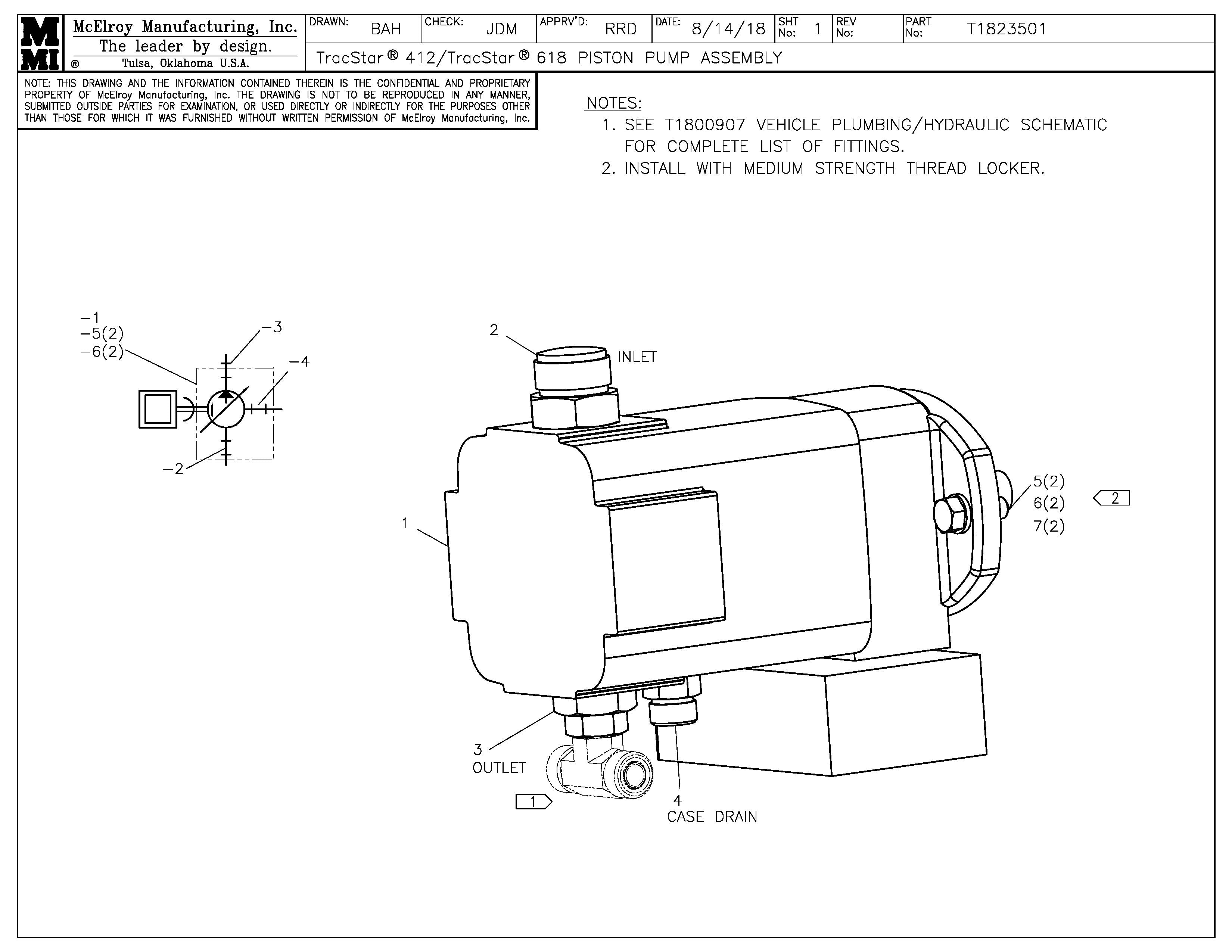 McElroy Part T1823501 - T412/T618 OILGEAR PSTN PMP ASY For Sale