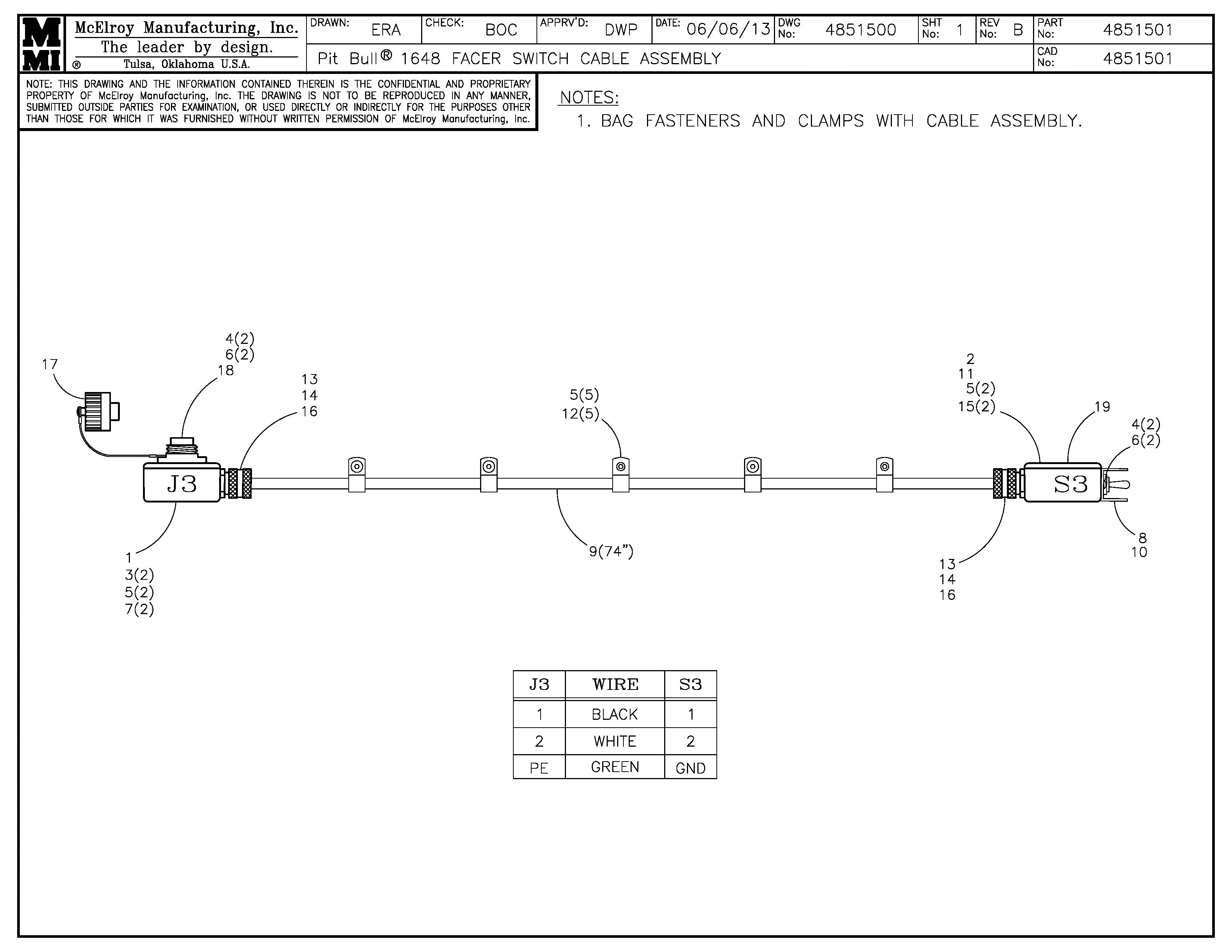 McElroy Part 4851501 - IN-DITCH 48 FCR SWTCH CBL ASSY for sale