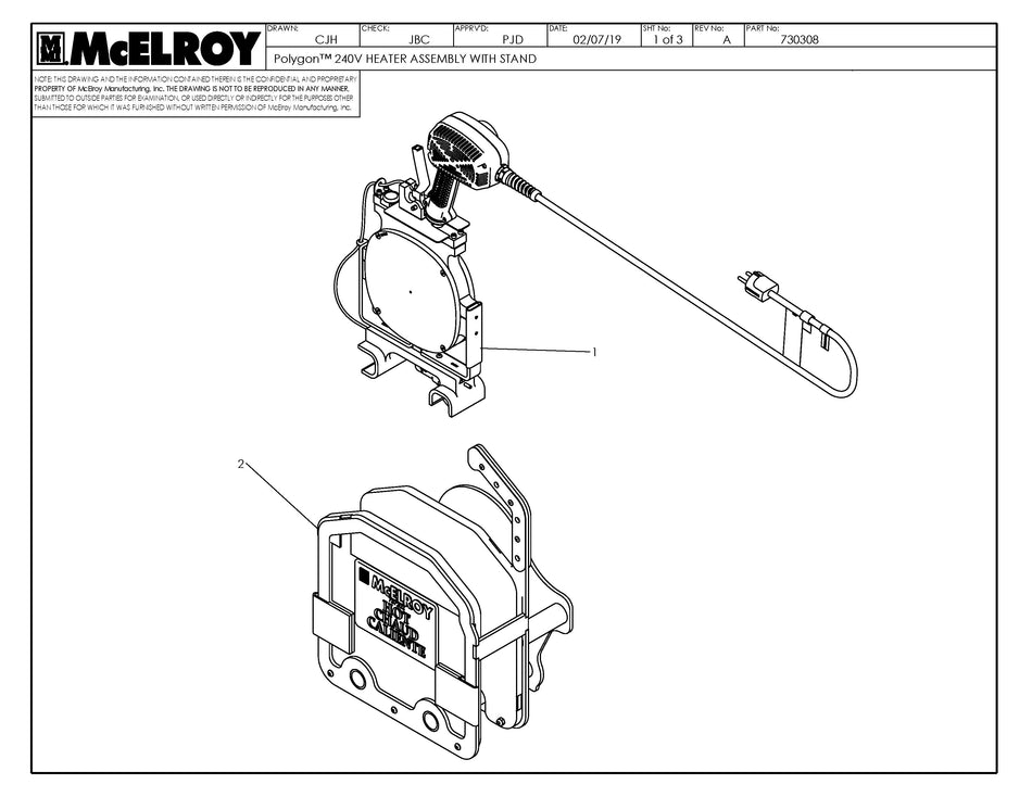 McElroy Part 730308 - POLYGON 240V HTR ASSY W/ STAND for sale