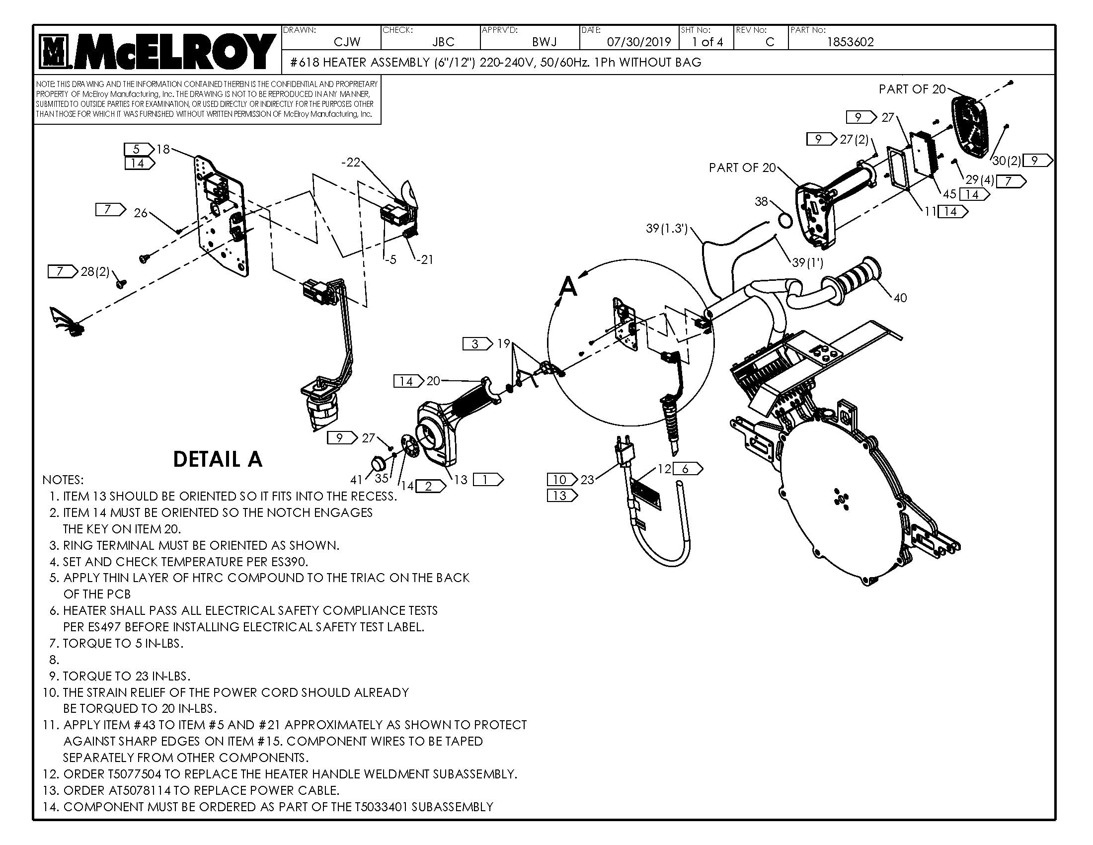 McElroy Part 1853602 - 18 (6/12) 240 HTR ASSY W/O BAG for sale