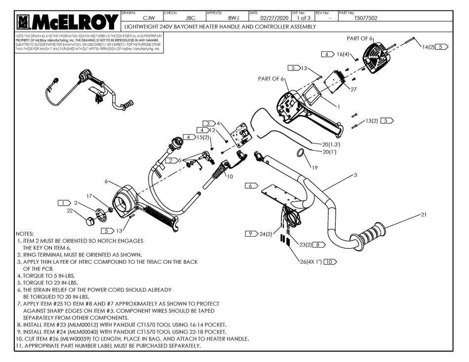 McElroy Part T5077502 - LW 240 BAYONET HTR HDL&CNTRL For Sale