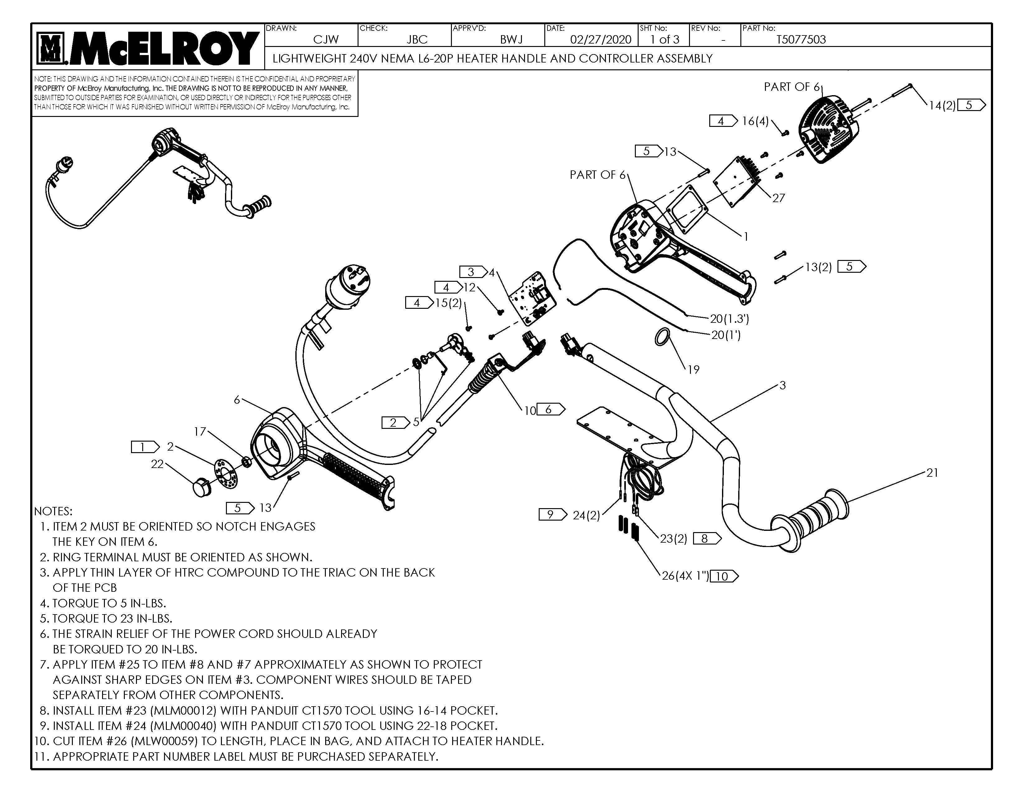 McElroy Part T5077503 - LW 240 NEMA L6-20P HTR HDL& For Sale