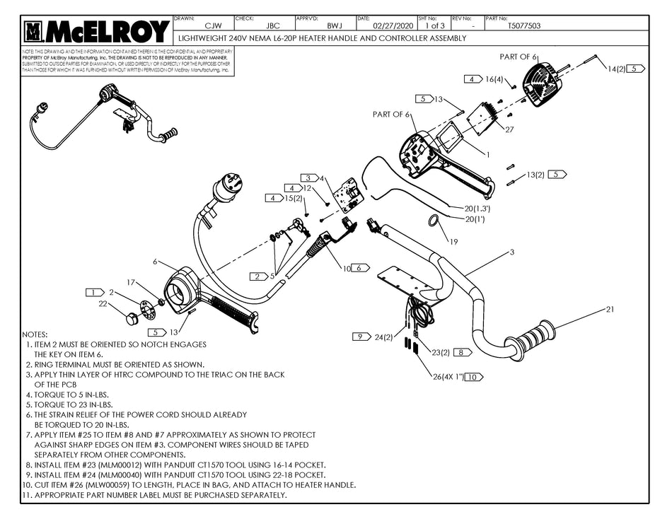 McElroy Part T5077503 - LW 240 NEMA L6-20P HTR HDL& For Sale