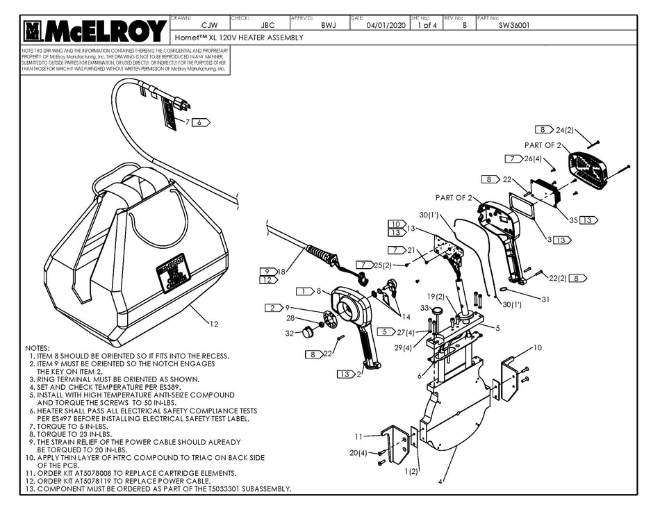 McElroy Part SW36001 - HORNET XL 120V HEATER ASSY For Sale