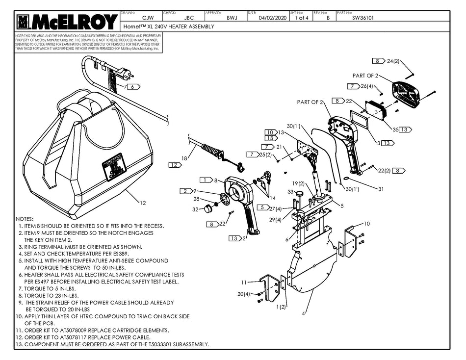 McElroy Part SW36101 - HORNET XL 240V HEATER ASSY For Sale