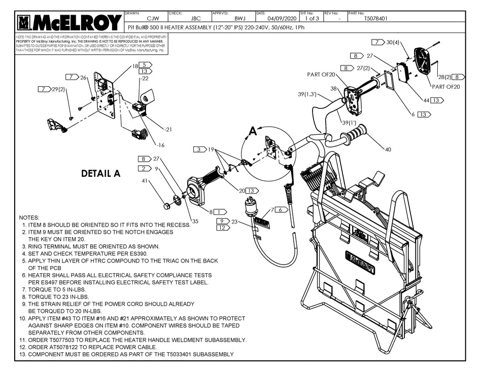 McElroy Part T5078401 - PB500II 12-20IPS 240V HTR ASSY For Sale