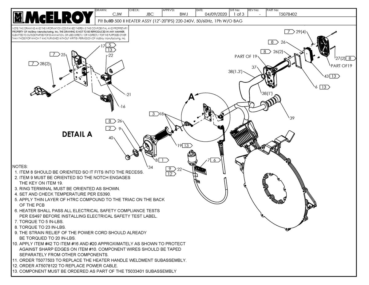 McElroy Part T5078402 - PB500II 12-20 240V HTR W/O BAG For Sale