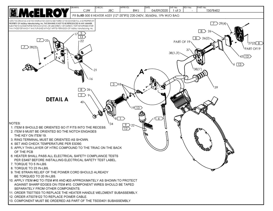 McElroy Part T5078402 - PB500II 12-20 240V HTR W/O BAG For Sale